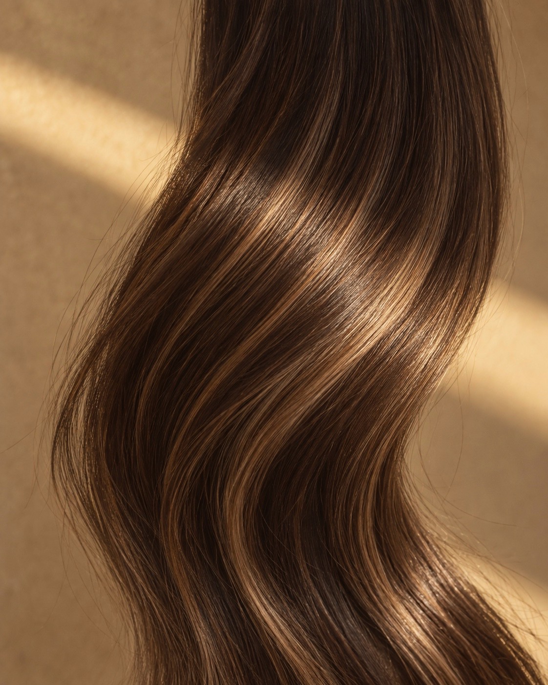 Gewellte braune Haarsträhnen mit hellen Balayage-Reflexen, nah im Sonnenlicht