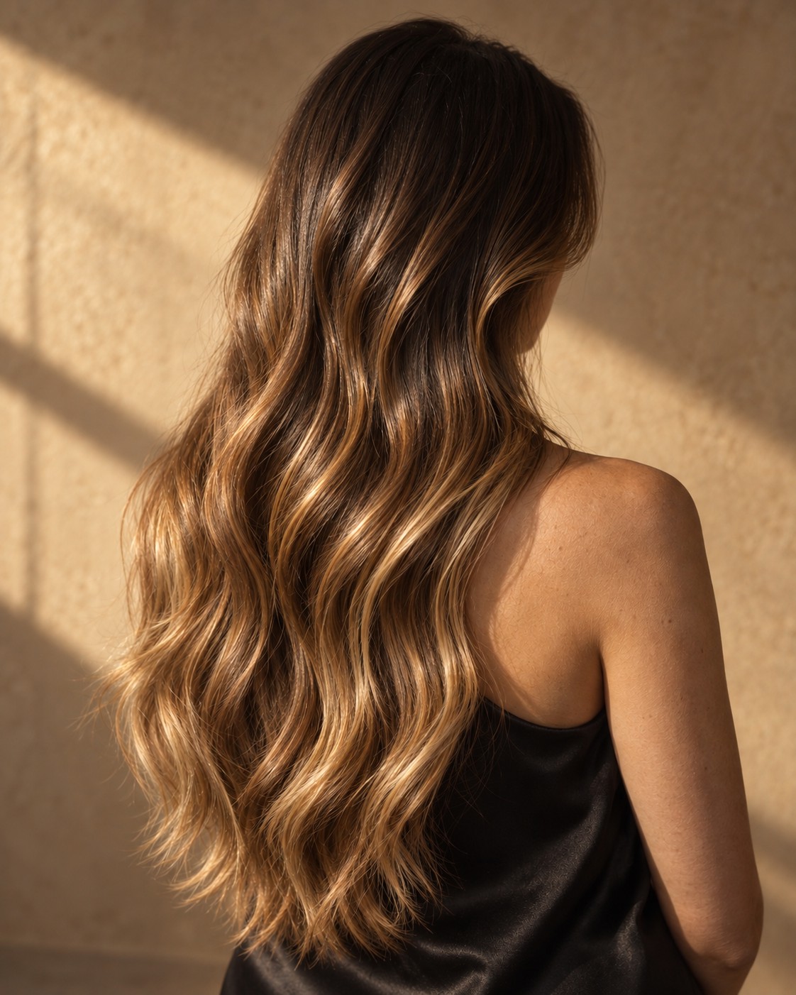 Langes, gewelltes Haar mit Balayage, von hinten im Sonnenlicht