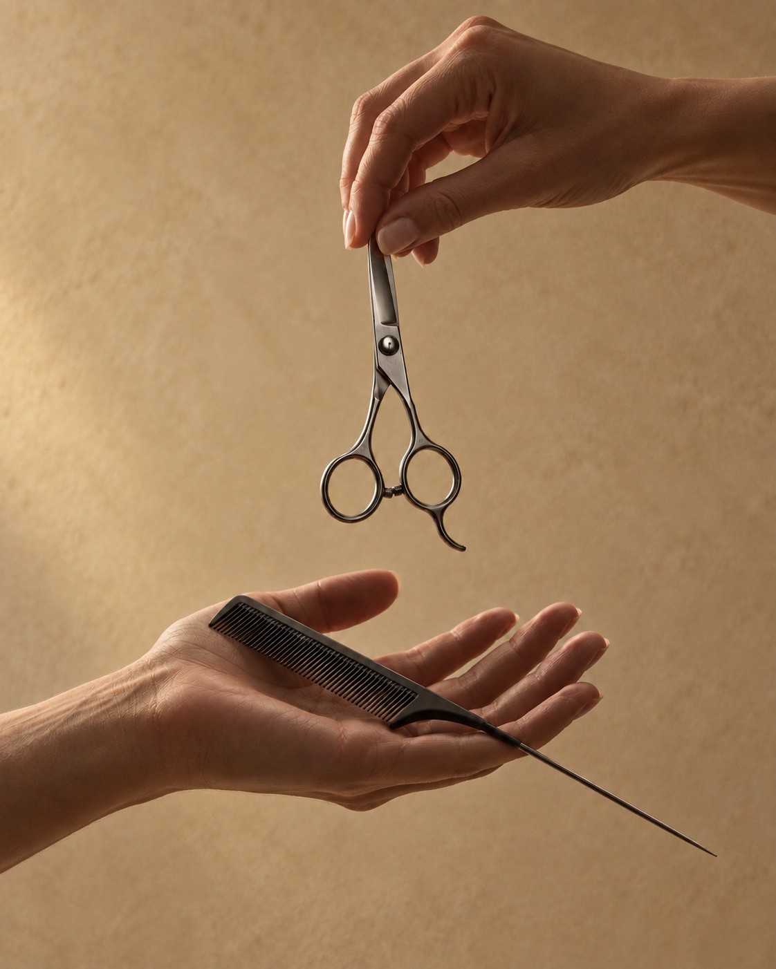 Zwei Hände mit Friseurschere und Stielkamm vor einer sandfarbenen Wand