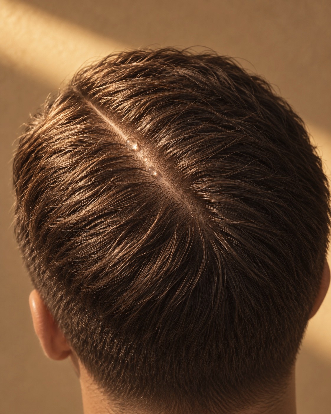 Gescheiteltes dunkles Herrenhaar von oben, klare Tropfen Kopfhauttonikum im Scheitel, im Sonnenlicht