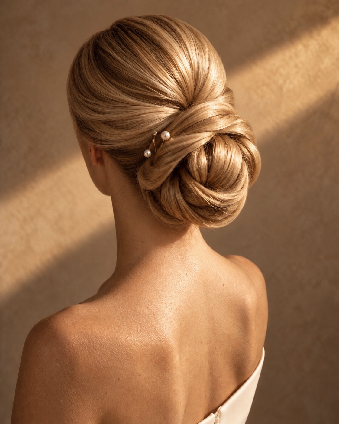 Tiefer, gedrehter Chignon von hinten, Perlennadeln im Licht