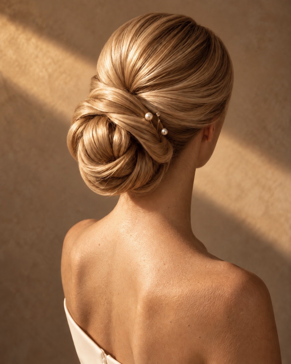 Tiefer, gedrehter Chignon von hinten, Perlennadeln im Licht