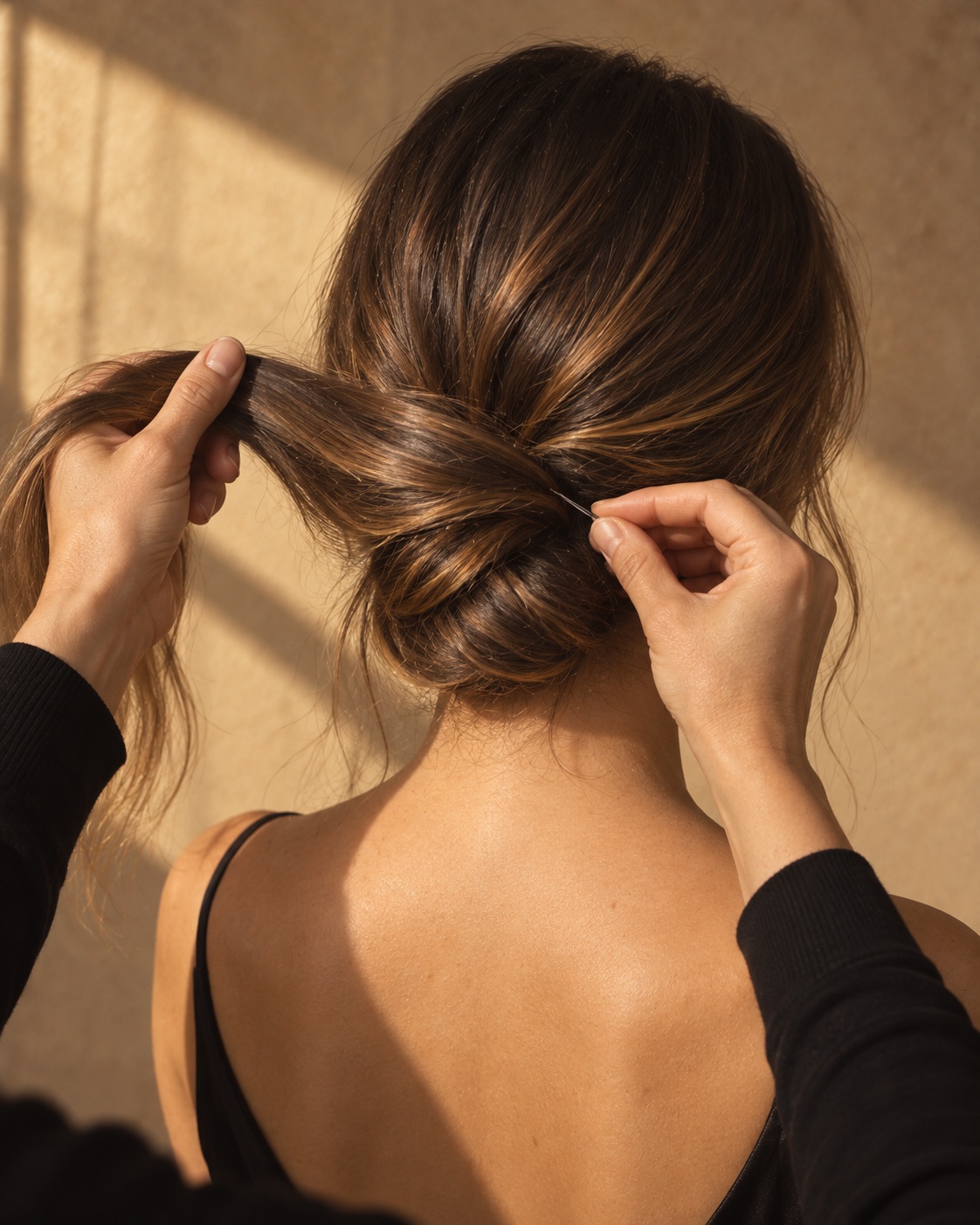 Zwei Hände stecken eine tief sitzende Hochsteckfrisur mit einer Haarnadel fest, im Streiflicht der Sonne